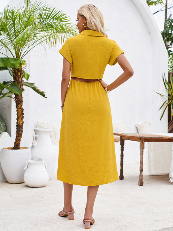 solid color lapel single-breasted short-sleeved pleated dress