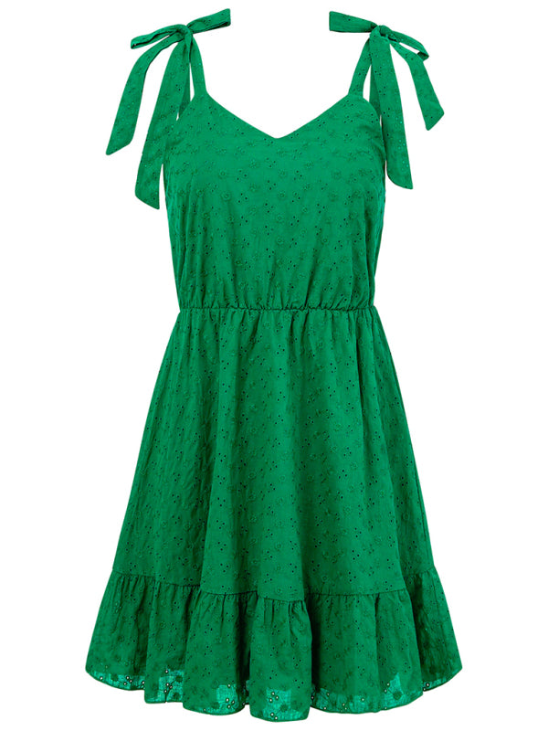 V-neck suspender solid color waist sleeveless dress