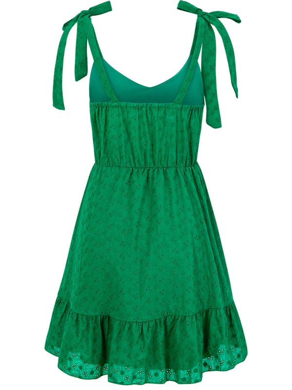 V-neck suspender solid color waist sleeveless dress