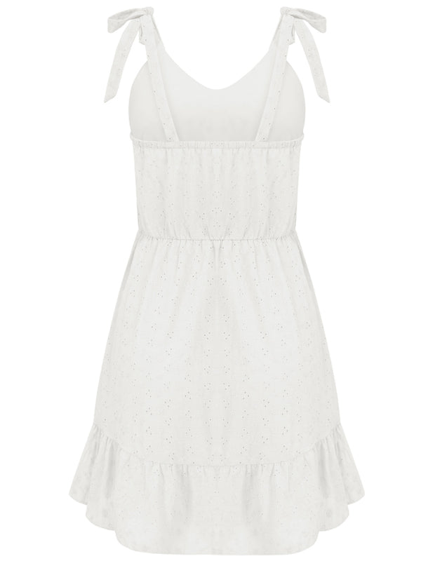 V-neck suspender solid color waist sleeveless dress