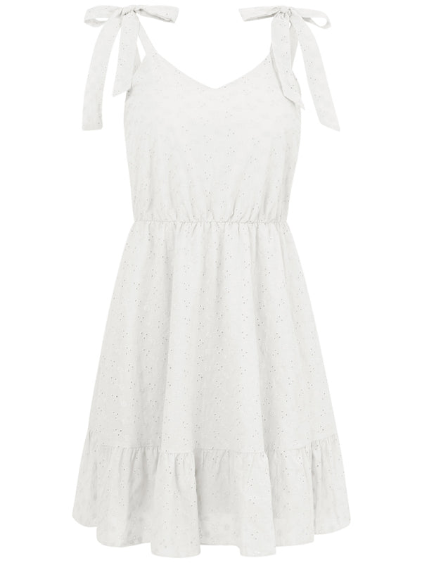 V-neck suspender solid color waist sleeveless dress