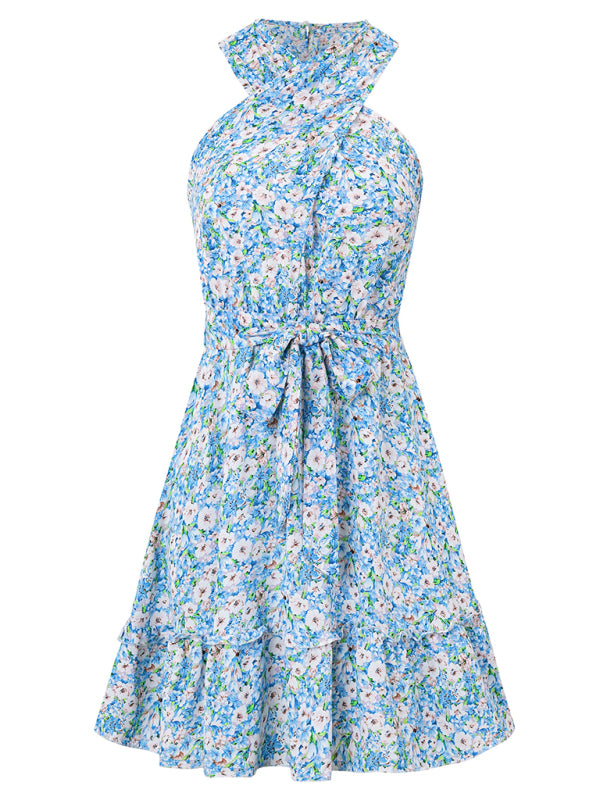 style halterneck knotted printed strappy waist dress