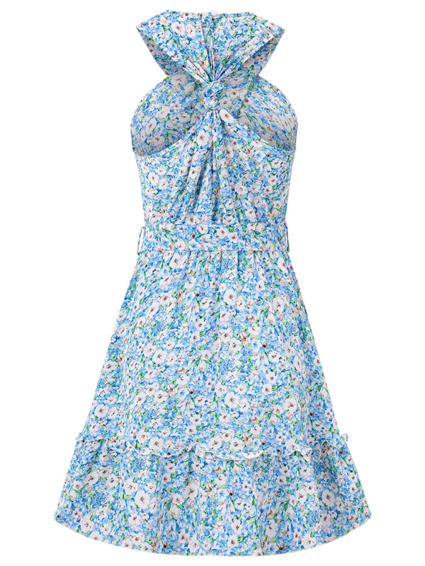 style halterneck knotted printed strappy waist dress