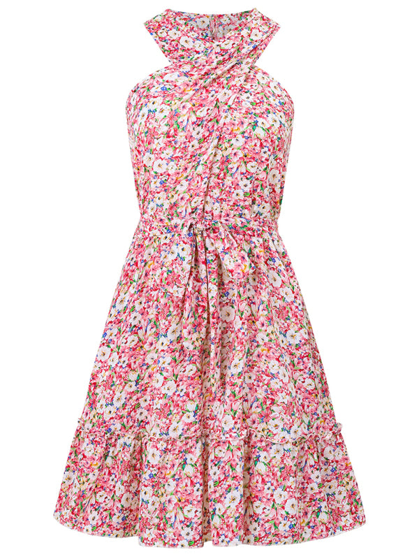 style halterneck knotted printed strappy waist dress