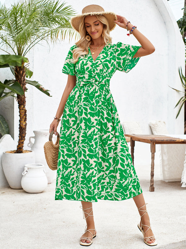V-neck short-sleeved waist floral print dress