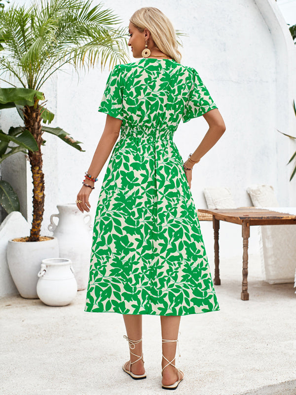 V-neck short-sleeved waist floral print dress