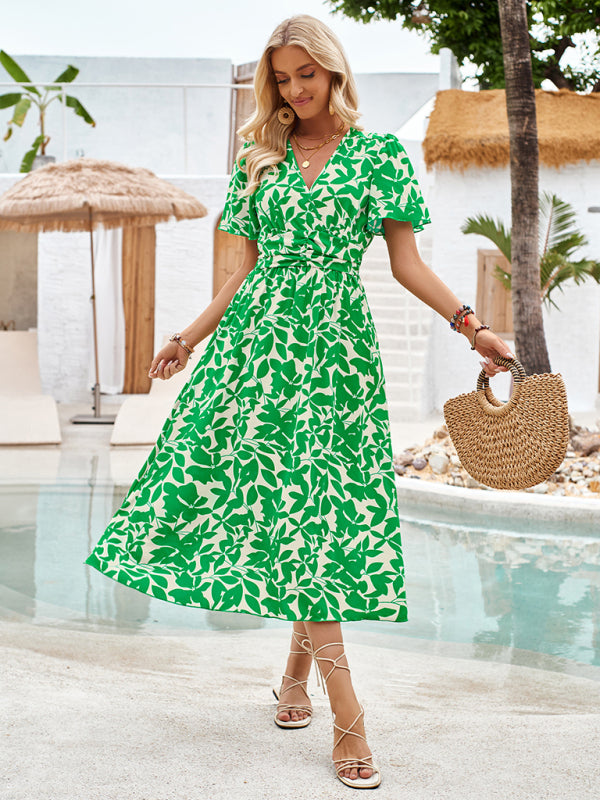 V-neck short-sleeved waist floral print dress
