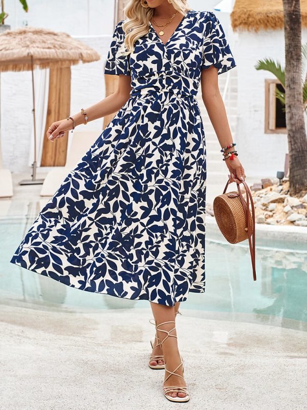 V-neck short-sleeved waist floral print dress