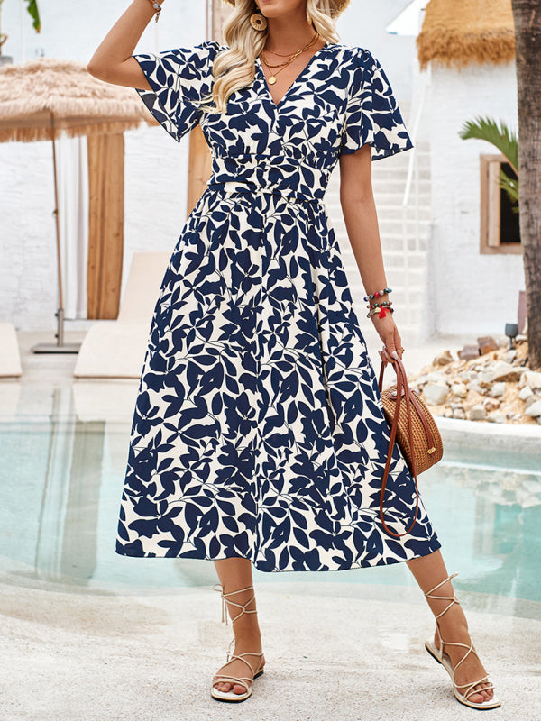 V-neck short-sleeved waist floral print dress
