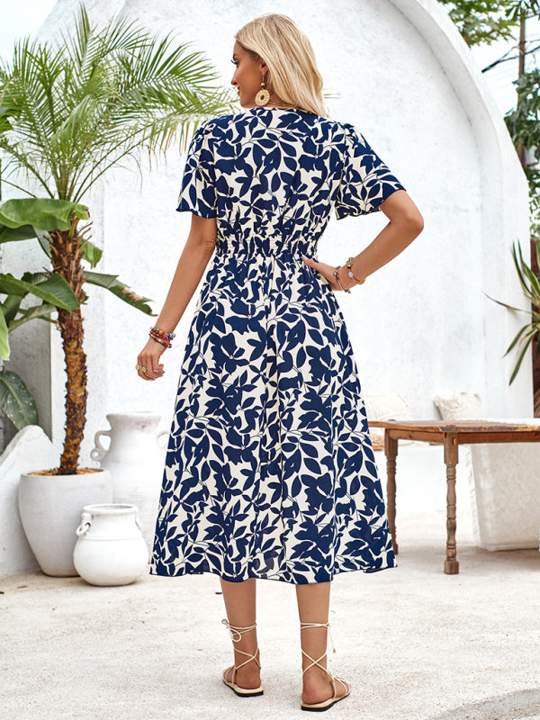 V-neck short-sleeved waist floral print dress