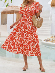 V-neck short-sleeved waist floral print dress