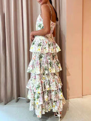elegant single-breasted suspender printed ruffled dress with full skirt