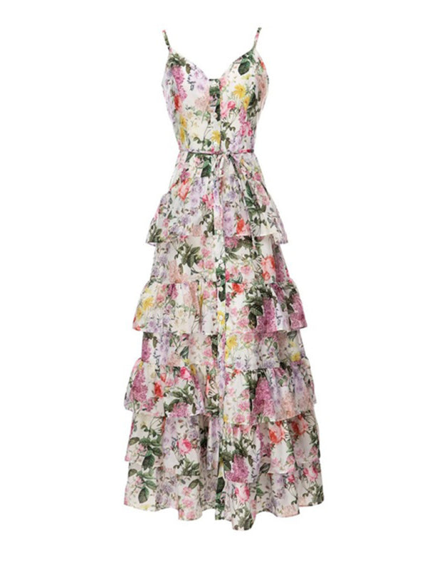 elegant single-breasted suspender printed ruffled dress with full skirt