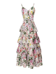 elegant single-breasted suspender printed ruffled dress with full skirt