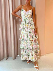 elegant single-breasted suspender printed ruffled dress with full skirt