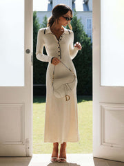 lapel knitted slim fit hip-hugging long-sleeved dress
