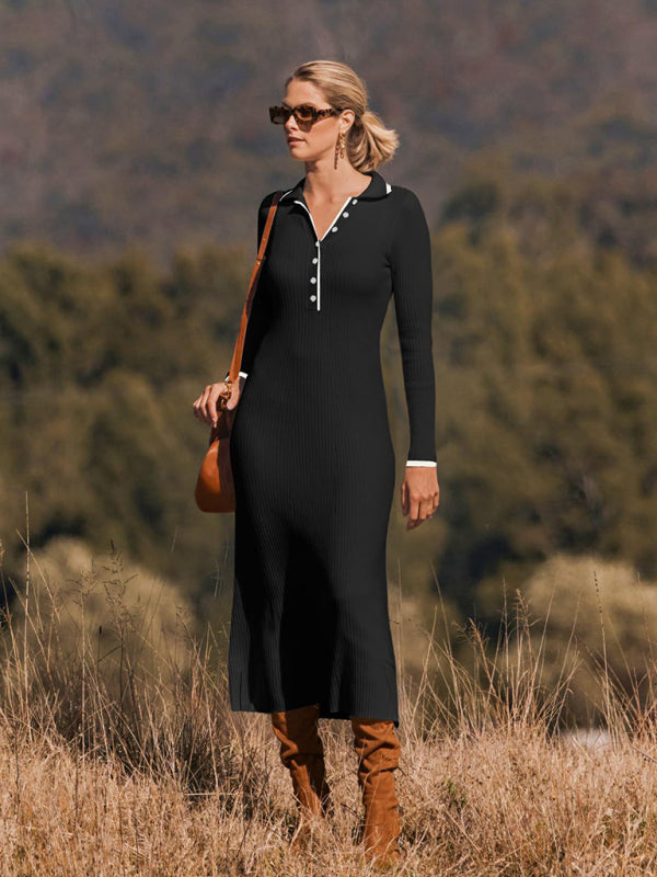 lapel knitted slim fit hip-hugging long-sleeved dress