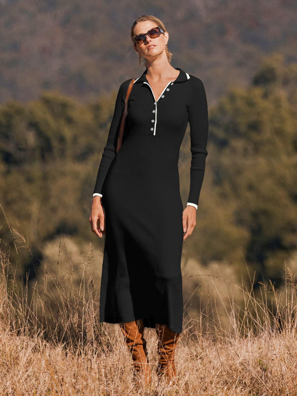 lapel knitted slim fit hip-hugging long-sleeved dress