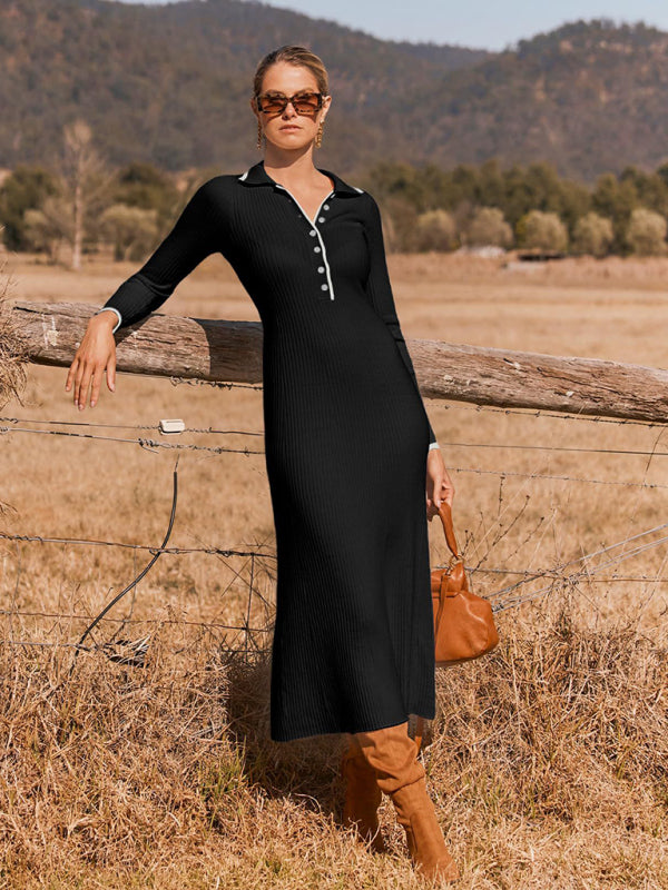 lapel knitted slim fit hip-hugging long-sleeved dress