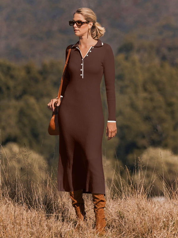 lapel knitted slim fit hip-hugging long-sleeved dress
