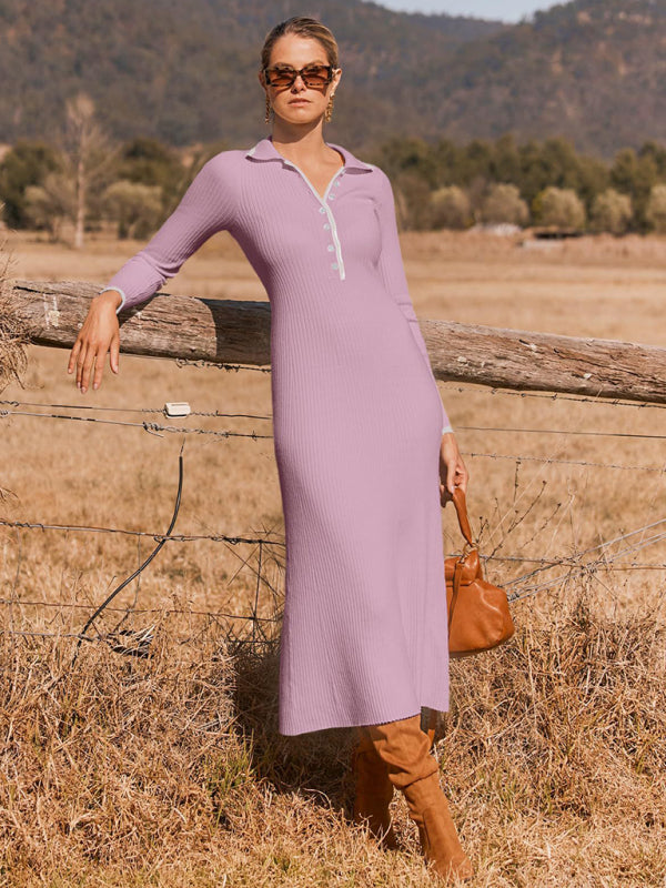 lapel knitted slim fit hip-hugging long-sleeved dress