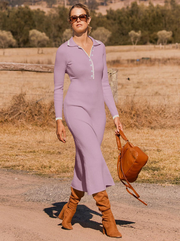 lapel knitted slim fit hip-hugging long-sleeved dress