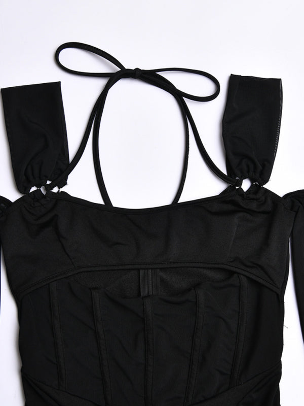 sexy suspender backless see-through long-sleeved hip-covering dress (including sleeves)