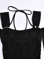 sexy suspender backless see-through long-sleeved hip-covering dress (including sleeves)