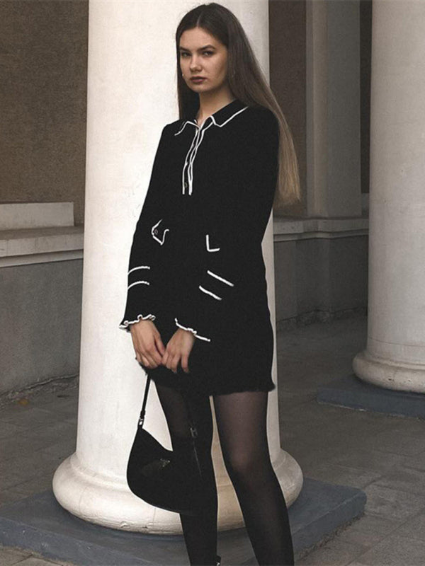short French pitted skinny lapel dress