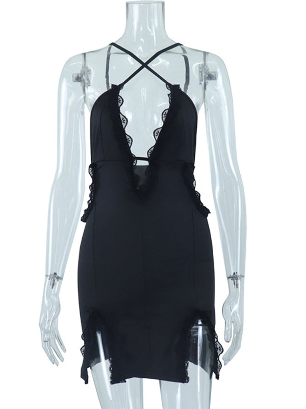 sling hollow street trendy lace splicing slit hip dress