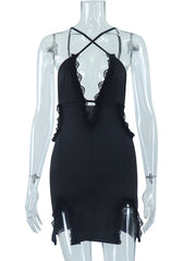 sling hollow street trendy lace splicing slit hip dress