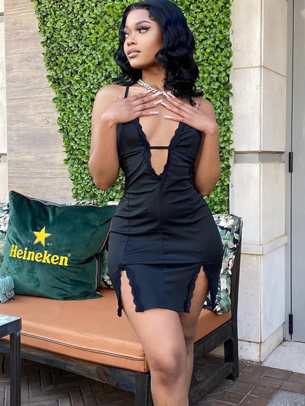 sling hollow street trendy lace splicing slit hip dress