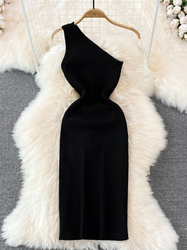 slanted shoulder solid color slim elastic slim fit hip-hugging knitted dress
