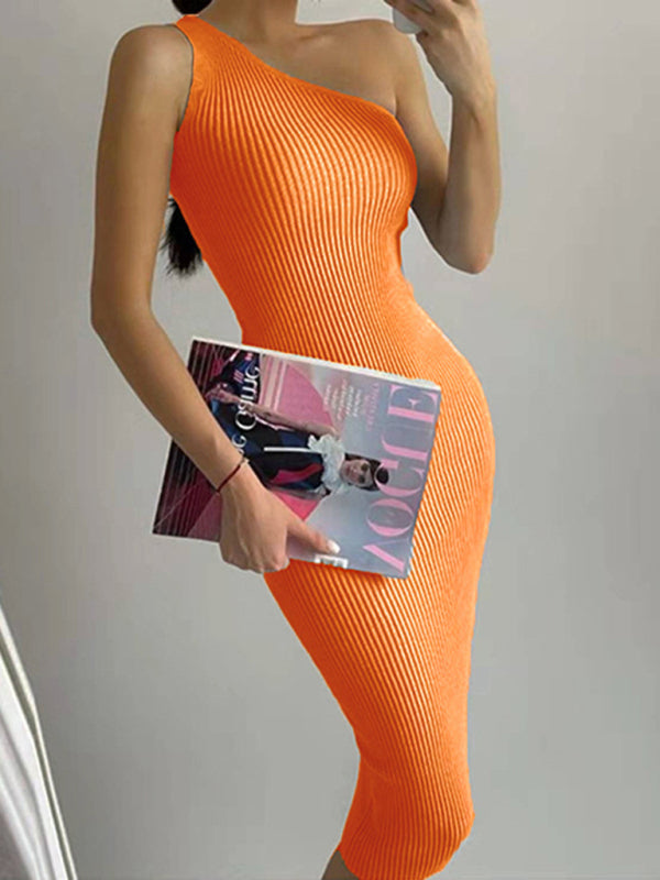 slanted shoulder solid color slim elastic slim fit hip-hugging knitted dress