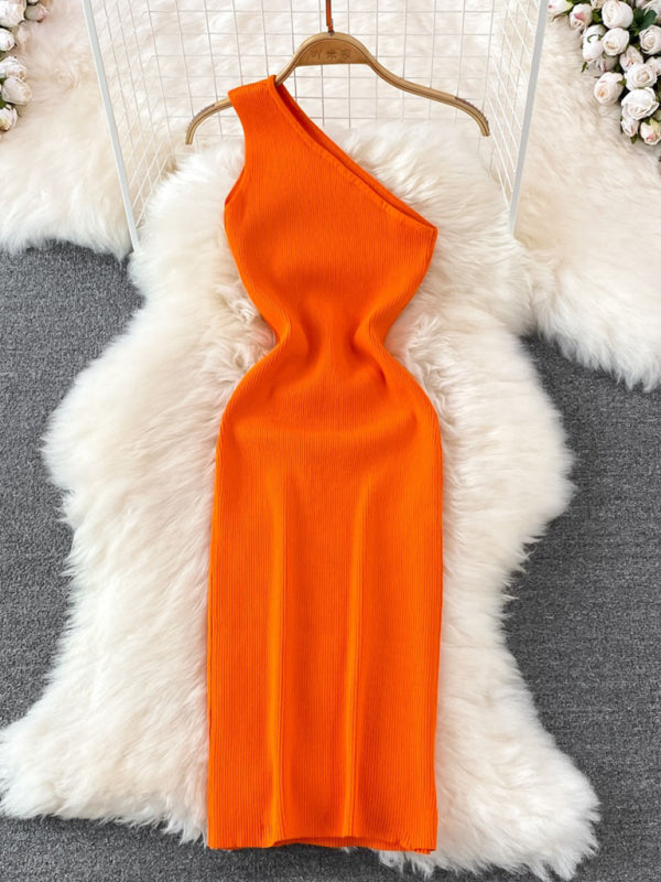 slanted shoulder solid color slim elastic slim fit hip-hugging knitted dress