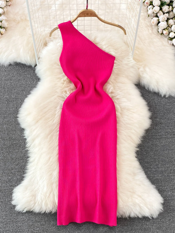 slanted shoulder solid color slim elastic slim fit hip-hugging knitted dress