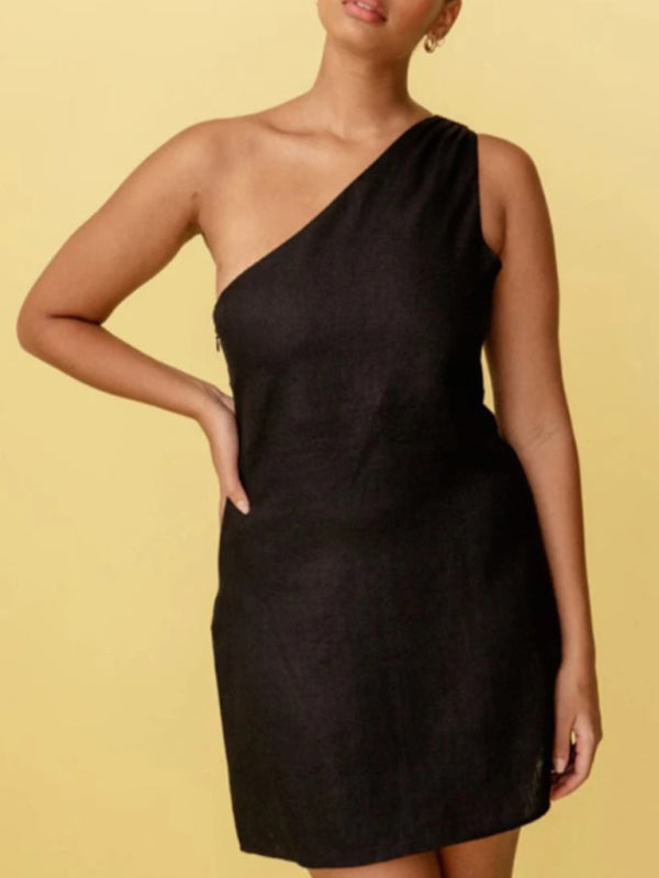 casual solid color slant shoulder dress