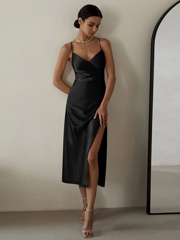 V-neck pleated waist suspender slit midi dress