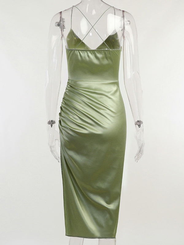 V-neck pleated waist suspender slit midi dress
