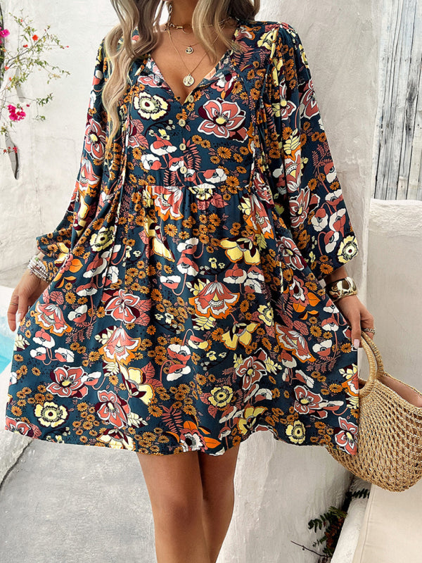 V-neck loose casual full-body printed dress