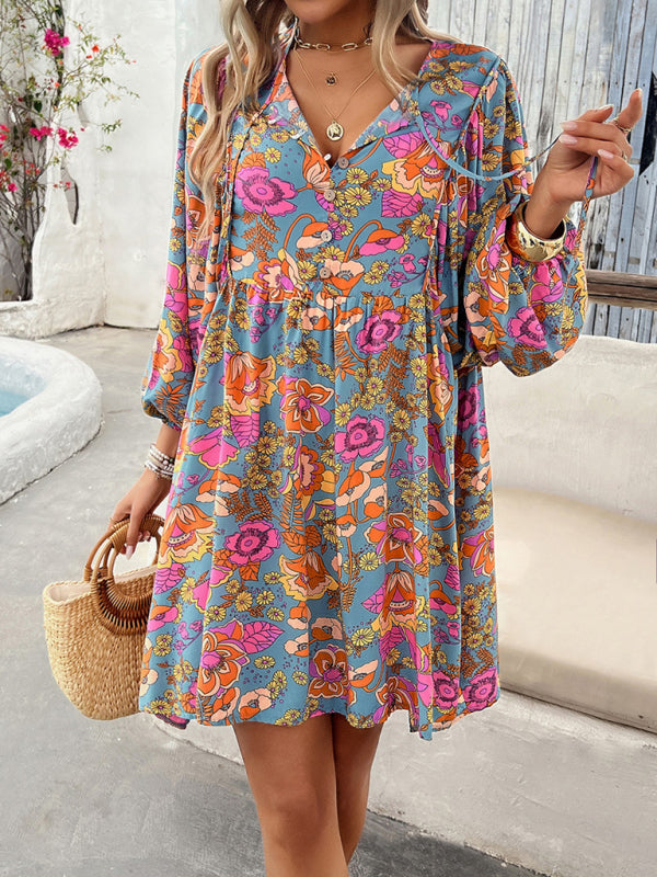 V-neck loose casual full-body printed dress