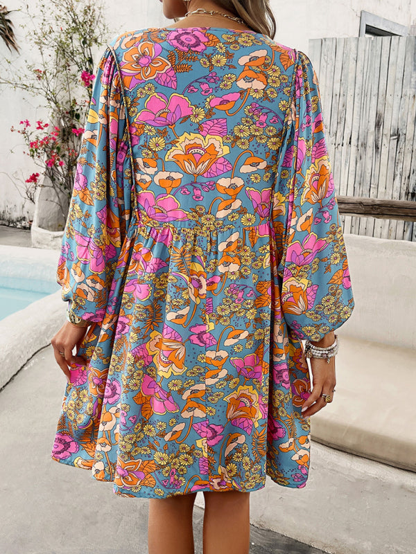 V-neck loose casual full-body printed dress