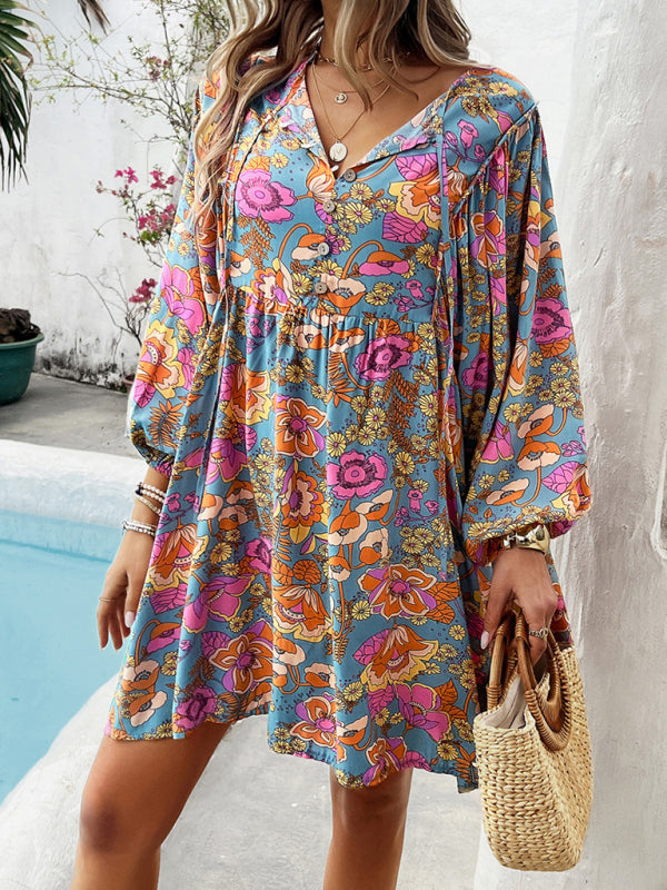 V-neck loose casual full-body printed dress