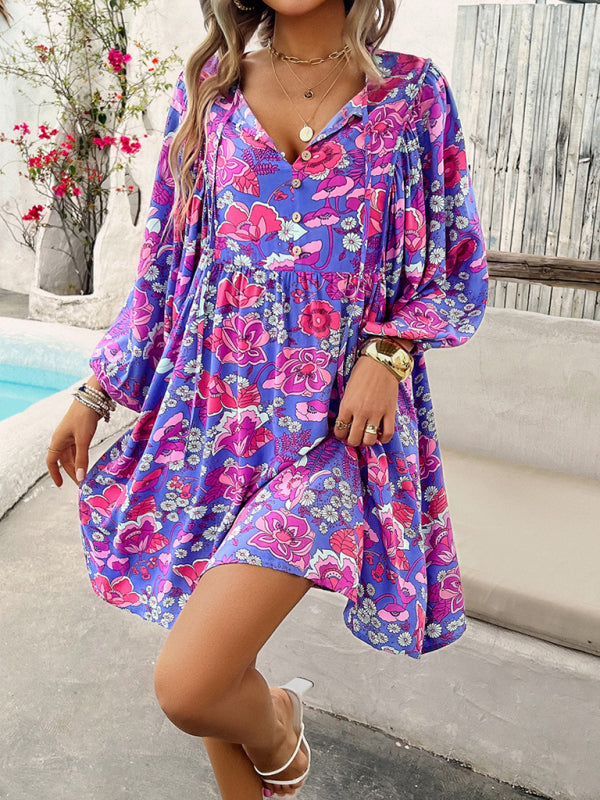 V-neck loose casual full-body printed dress