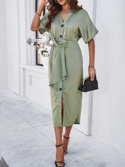 solid color temperament V-neck short-sleeved dress