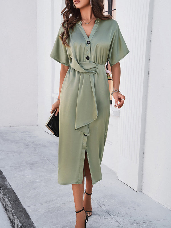 solid color temperament V-neck short-sleeved dress