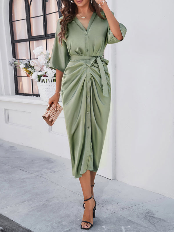 style elegant solid color waist-cinching dress