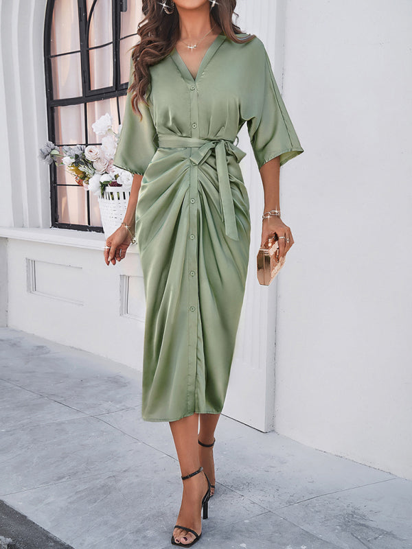 style elegant solid color waist-cinching dress