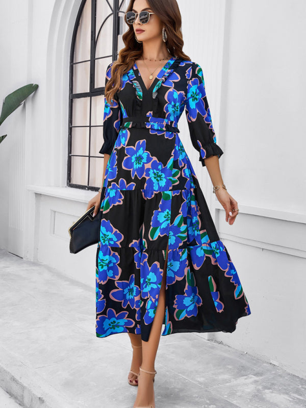 holiday casual printed V-neck slit dress