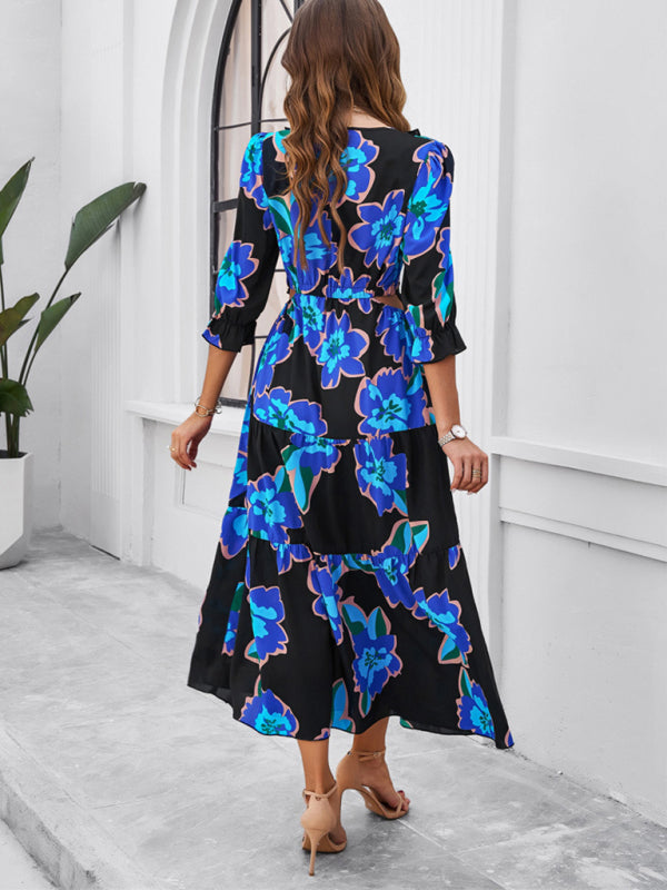 holiday casual printed V-neck slit dress